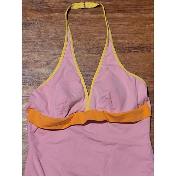 Vintage Talbots Sz 12 Pink One Piece Swimsuit V-Neck Low Maillot Chic Halter - Picture 2 of 5